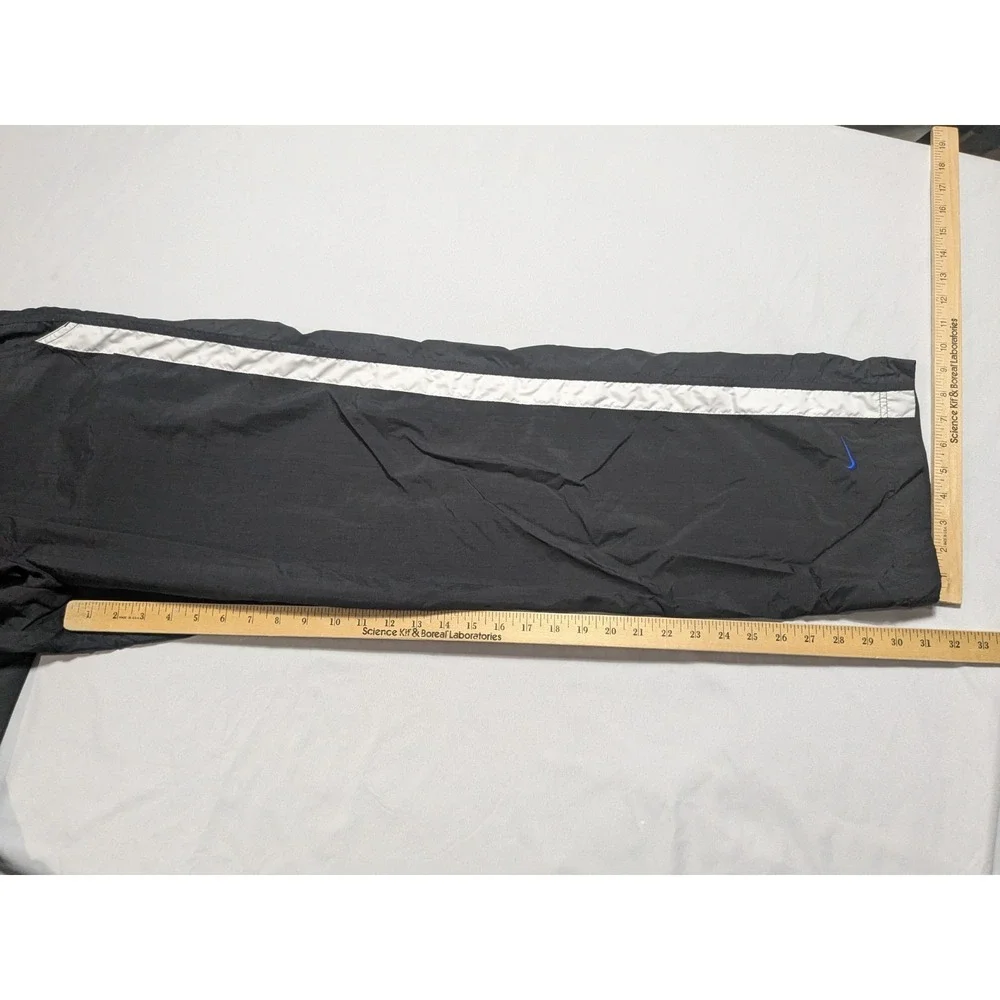 VTG 90s NIKE Men Large Black Track Pants White Side-Stripe Blue Ankle Swoosh EUC